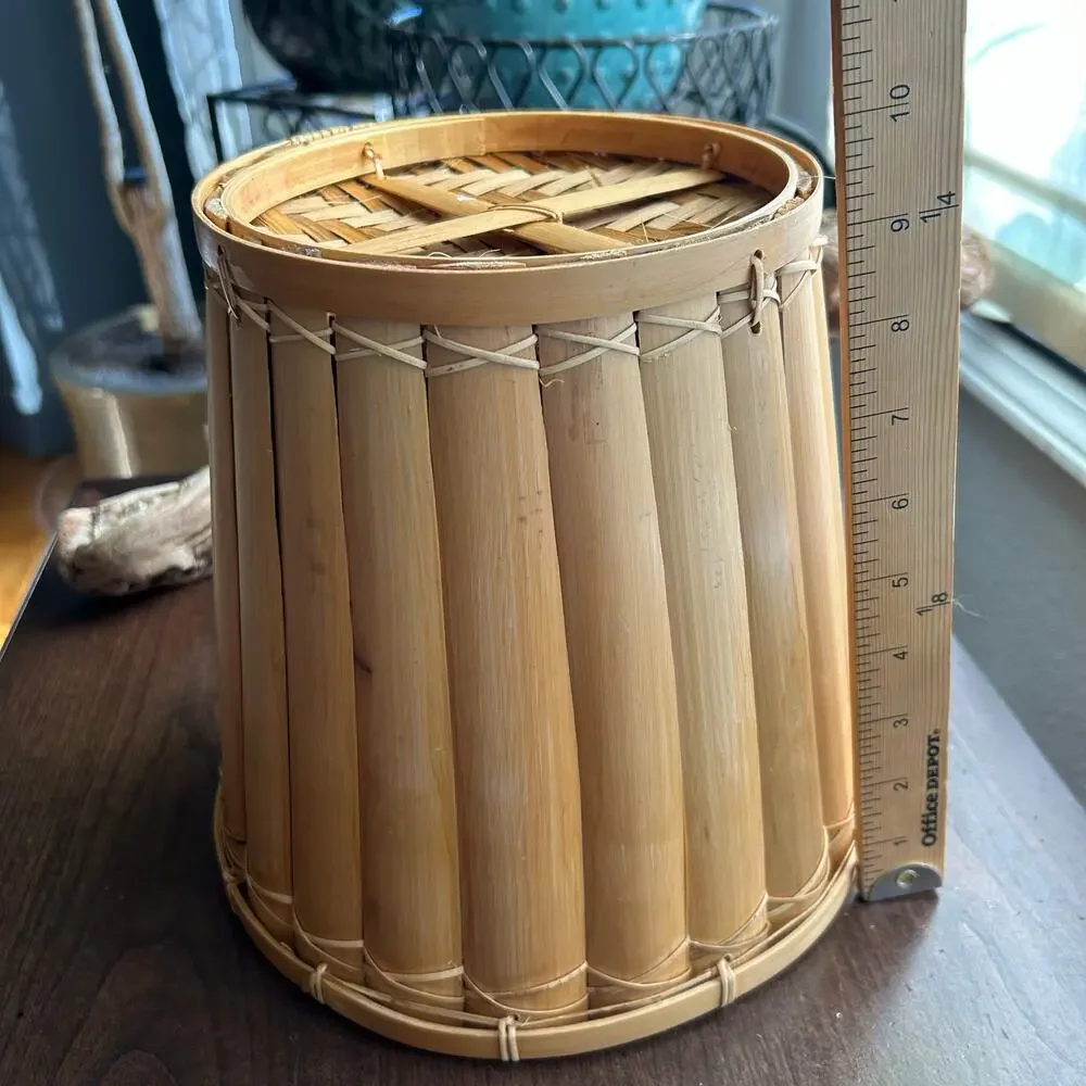 Vintage split reed Rattan and Bamboo planter waste basket trashcan